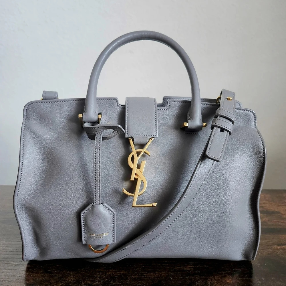Saint Laurent Gray Leather Bag with Gold Accents